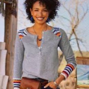 SUNDANCE Women's Vintage Vibes Henley Crochet Embroidered Top -Medium